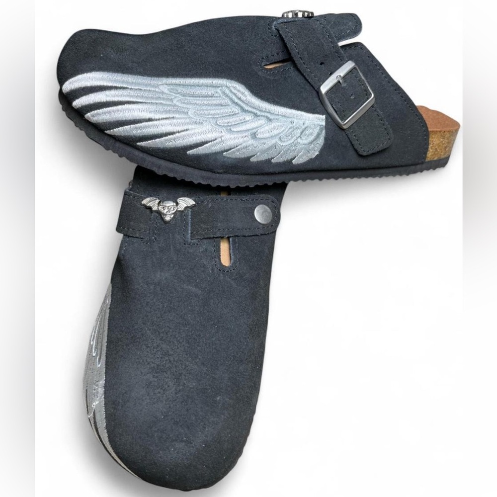 Black Leather Angel Wings Buckle Mule Shoes Cowhide Clogs - Brand New